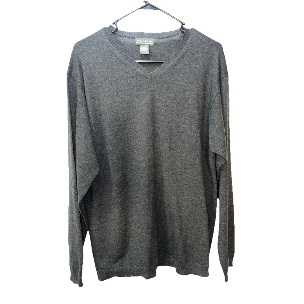 Banana Republic Sweater Mens Size L Merino Wool Luxury V Neck Preppy Dark Gray